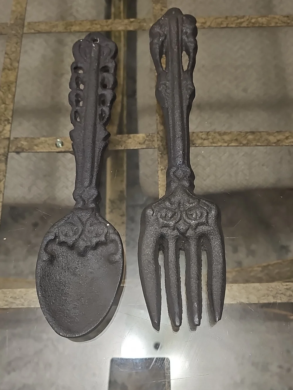 Vintage Decorative Cast Iron Spoon and Fork Set In Dark Brown